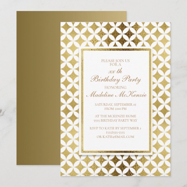 Convite de Aniversário Elegante em Dourado e Branc (Frente/Verso)