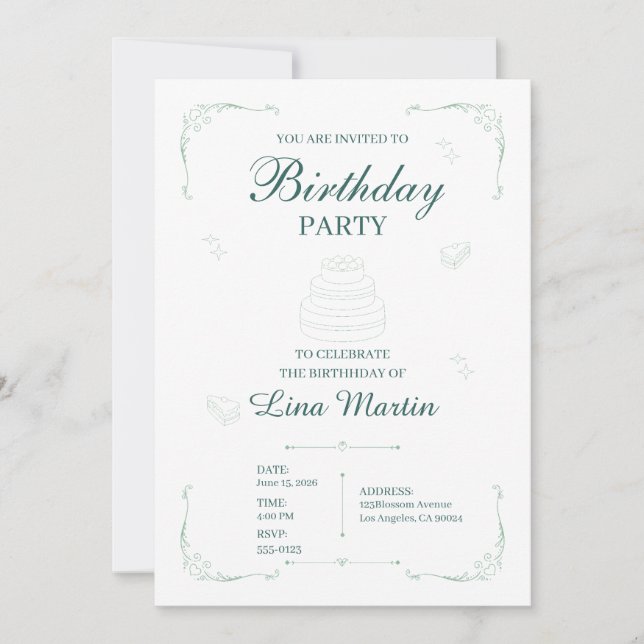 Convite de Aniversário Elegante em Verde Sage (Frente)
