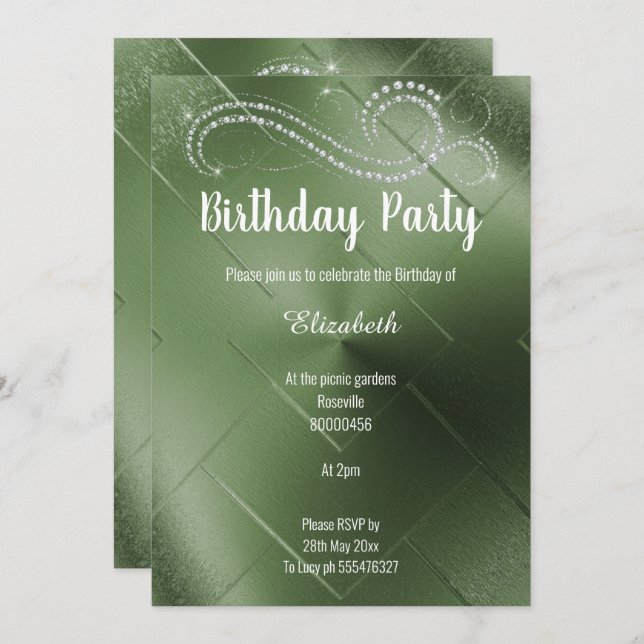 CONVITE DE ANIVERSÁRIO ELEGANTE GREEN DIAMOND (Frente/Verso)