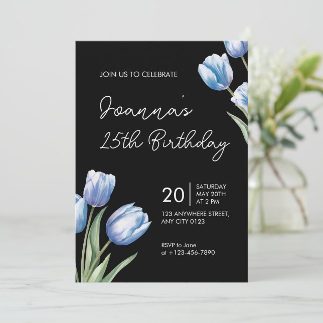 Convite de Aniversário Elegante Tulipa Azul (Em pé/Frente)