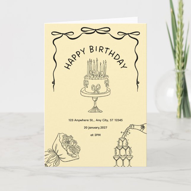 Convite de Aniversário Elegante Vintage com Bolo (Frente)