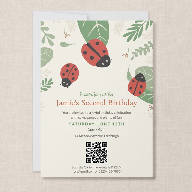 Convite de Aniversário em Código QR para Criança c (Ladybird Meadow - 5x7" Invitation with QR Code)