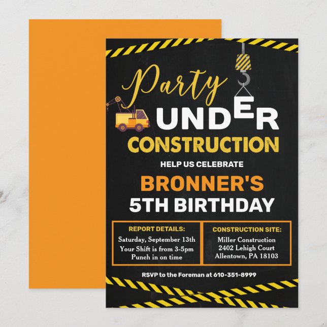 Convite de Aniversário em Construção (Frente/Verso)