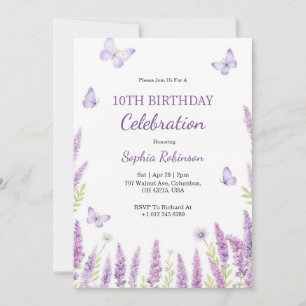 Convite de aniversário em floral roxo & borboleta