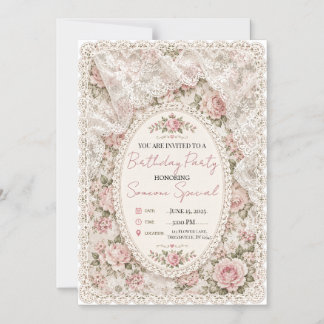 Convite de Aniversário em Renda Floral Rosa Vintag