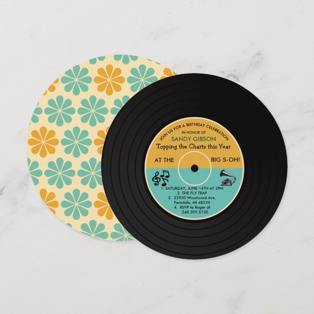 CONVITE DE ANIVERSÁRIO EM VINIL RETRÔ PARA QUALQUE (Frente/Verso)