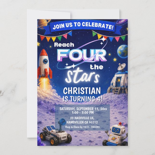 Convite de aniversário espacial Bricks Reach FOUR  (Frente)