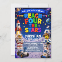 Convite de aniversário espacial Bricks Reach FOUR 