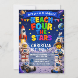 Convite de aniversário espacial Bricks Reach FOUR 