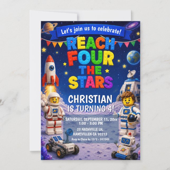 Convite de aniversário espacial Bricks Reach FOUR  (Frente)