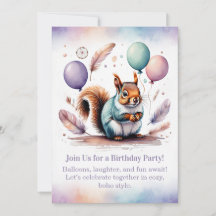 Convite de Aniversário Esquilo Fofo Boho Floresta 