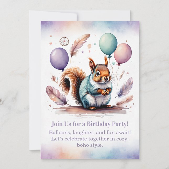 Convite de Aniversário Esquilo Fofo Boho Floresta  (Frente)