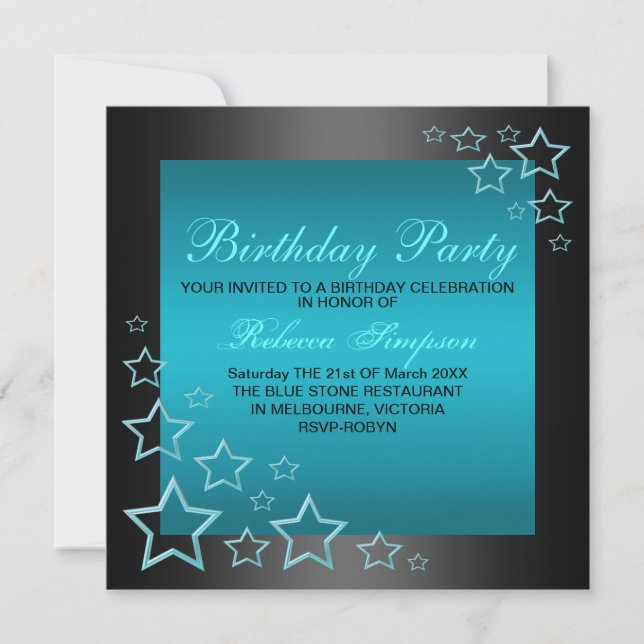 Convite de Aniversário Estrela Azul e Preto (Frente)