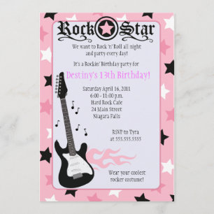 Convite de Aniversário Estrela do Rock 5x7 Rosa