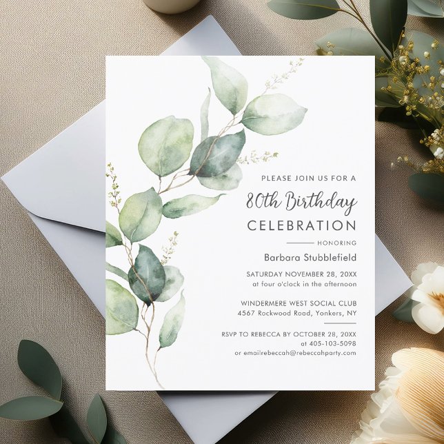 Convite de aniversário Eucalyptus 80 (80th Birthday Party Sage Green Eucalyptus Block Stem Budget Invitation)
