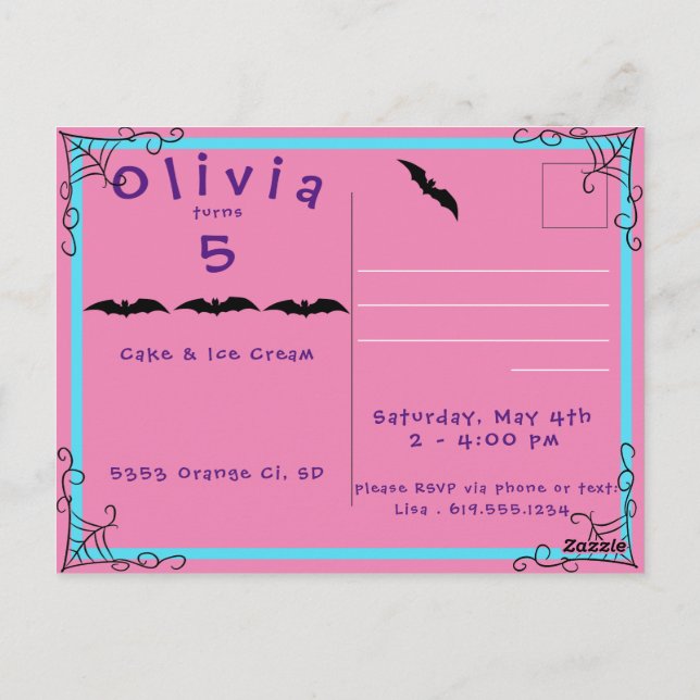 Convite de Aniversário Fang-tástico de Teia de Ara (Verso)