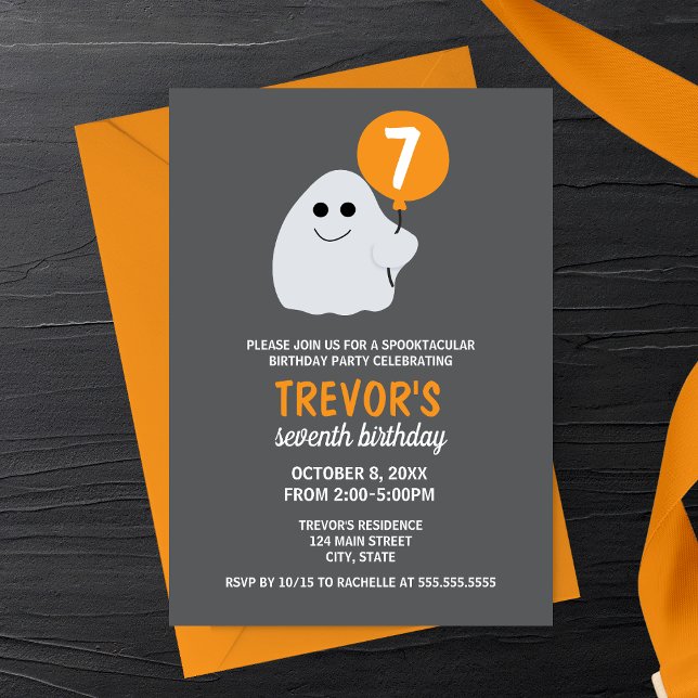 Convite de aniversário fantasma de animação minima (Orange Minimalist Cartoon Ghost Halloween Birthday Party Invitation)