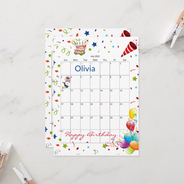 Convite de Aniversário Feliz ao Calendário de julh (Frente/Verso In Situ)