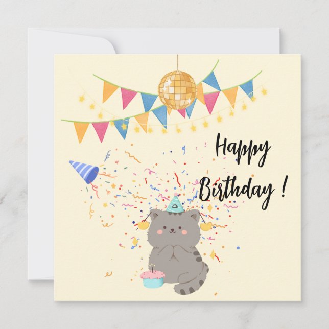 Convite de Aniversário Feliz Gatinho Fofo | Pastel (Frente)