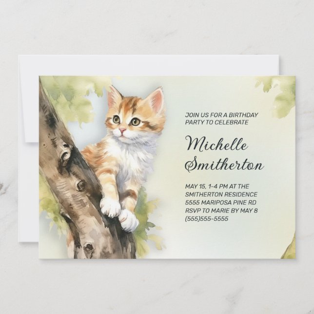 Convite de Aniversário Feminino Árvore de Gatinho  (Frente)