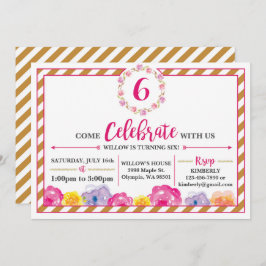 Convite de aniversário feminino listrado floral