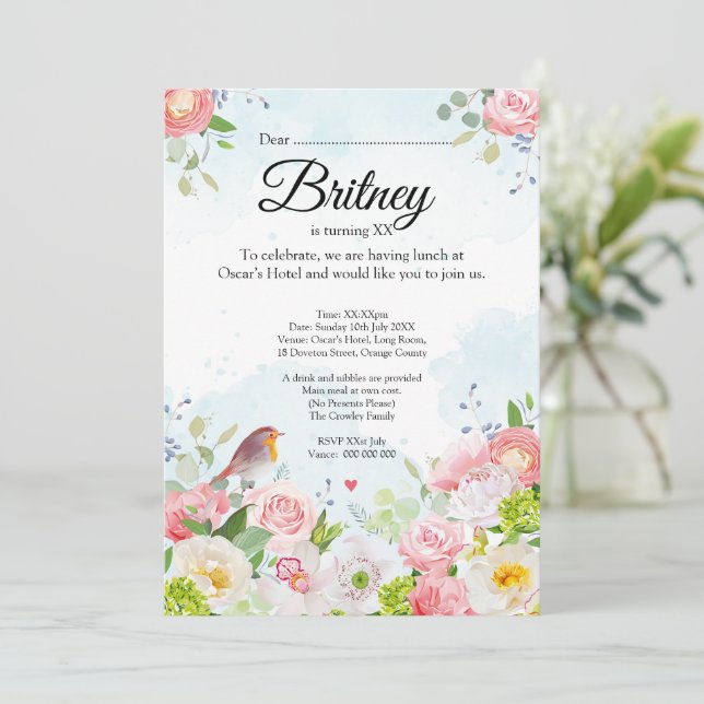 Convite de Aniversário Feminino Personalizável – E (Em pé/Frente)