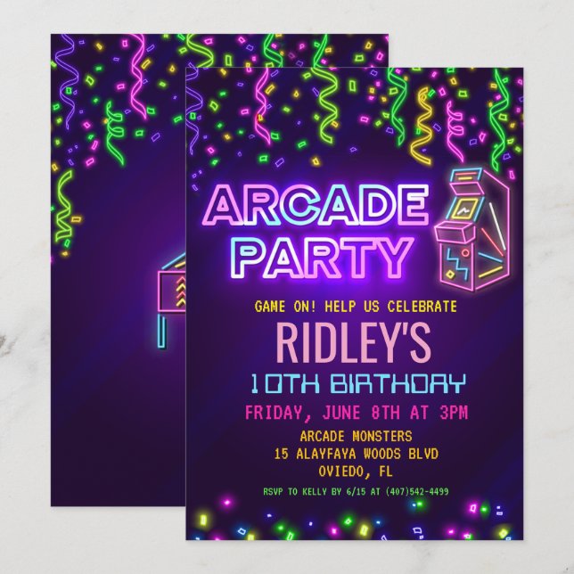 Convite de Aniversário Festa Arcade (Frente/Verso)