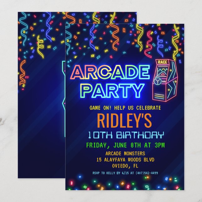 Convite de Aniversário Festa Arcade (Frente/Verso)