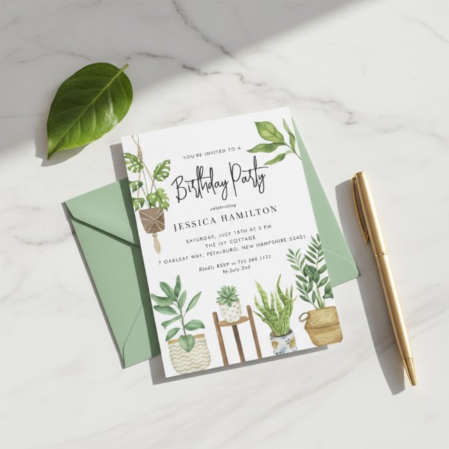 Convite de Aniversário Festa Boho Aquarela Plantas (Criador carregado)