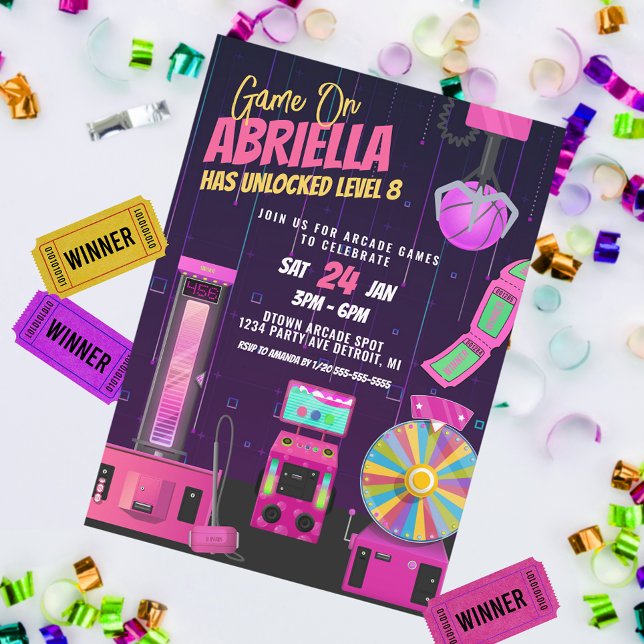 Convite de Aniversário Festa de Arcade para Menina (Criador carregado)