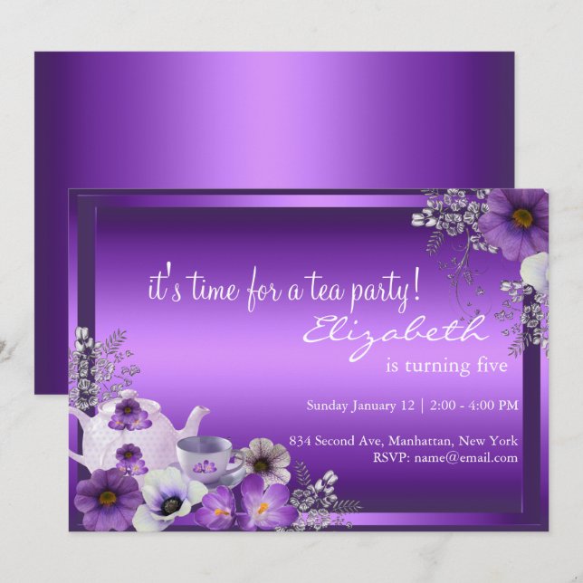 Convite de Aniversário Festa de Chá Roxo para Cria (Frente/Verso)