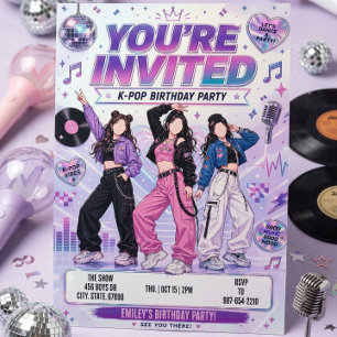 Convite de Aniversário Festa de Dança Kpop Purple