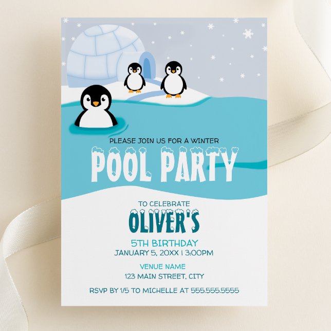 Convite de Aniversário Festa de Piscina de Inverno (Penguins Winter Pool Party Birthday Invitation)