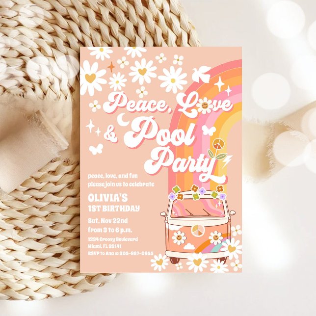 Convite de Aniversário Festa de Piscina Paz Amor (Criador carregado)