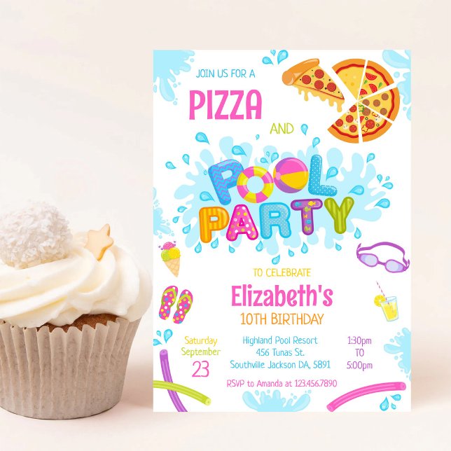 Convite de Aniversário Festa de Pizza na Piscina (Criador carregado)