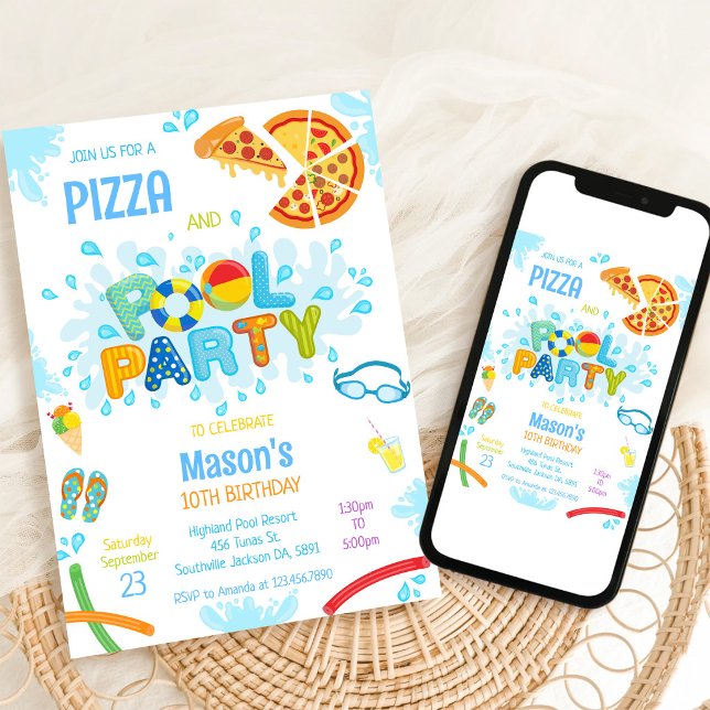 Convite de Aniversário Festa de Pizza na Piscina (Criador carregado)