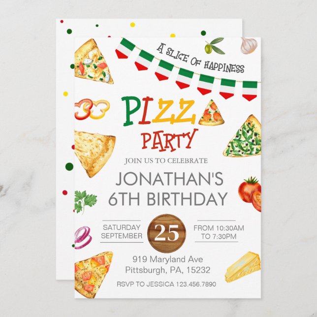 Convite de Aniversário Festa de Pizza para Criança (Frente/Verso)