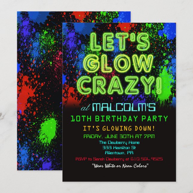 Convite de Aniversário Festa Glow para QUALQUER ID (Frente/Verso)