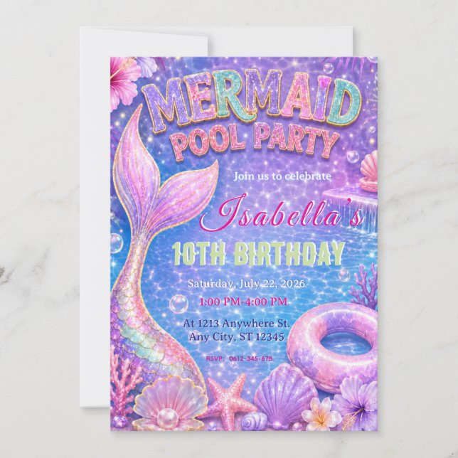 Convite de Aniversário Festa na Piscina da Sereia (Frente)