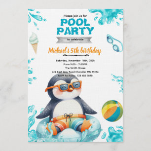 Convite de Aniversário Festa na Piscina de Pinguin