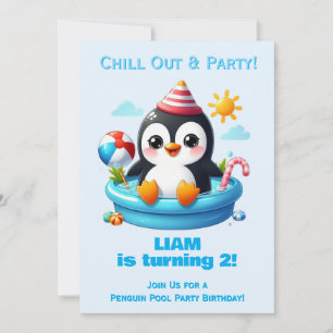 Convite de Aniversário Festa na Piscina de Pinguin