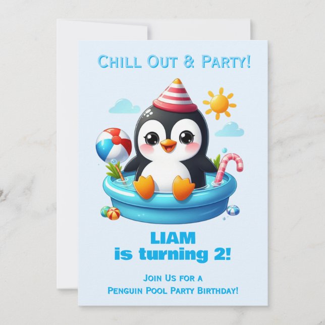 Convite de Aniversário Festa na Piscina de Pinguin (Frente)