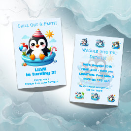Convite de Aniversário Festa na Piscina de Pinguin