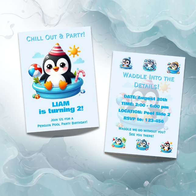 Convite de Aniversário Festa na Piscina de Pinguin (Criador carregado)
