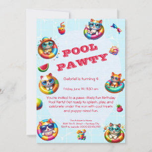 Convite de Aniversário Festa na Piscina Gatinho Fo