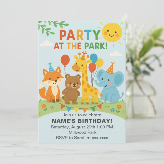 Convite de Aniversário Festa no Parque com Animais (Em pé/Frente)