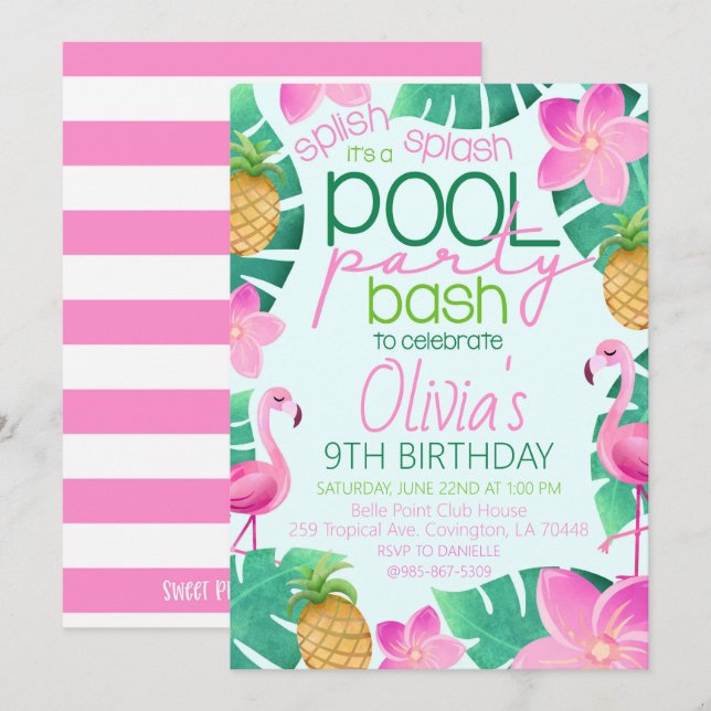 Convite de Aniversário Festa Tropical na Piscina (Frente/Verso)