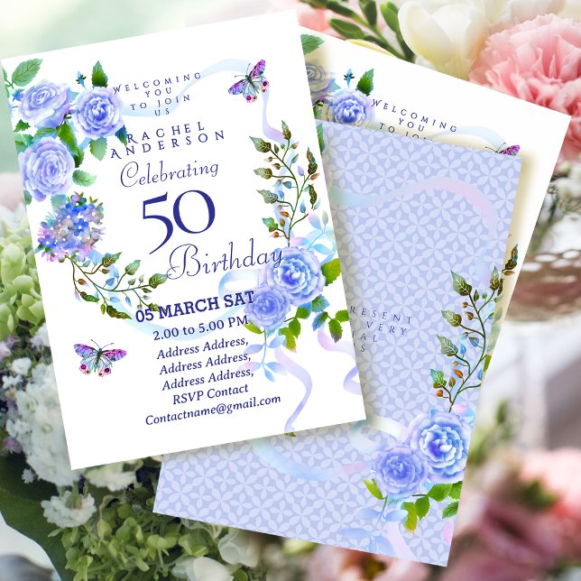 Convite de Aniversário Fita Rosa Azul 50º (Blue Rose Ribbon 50th Birthday Invitation)