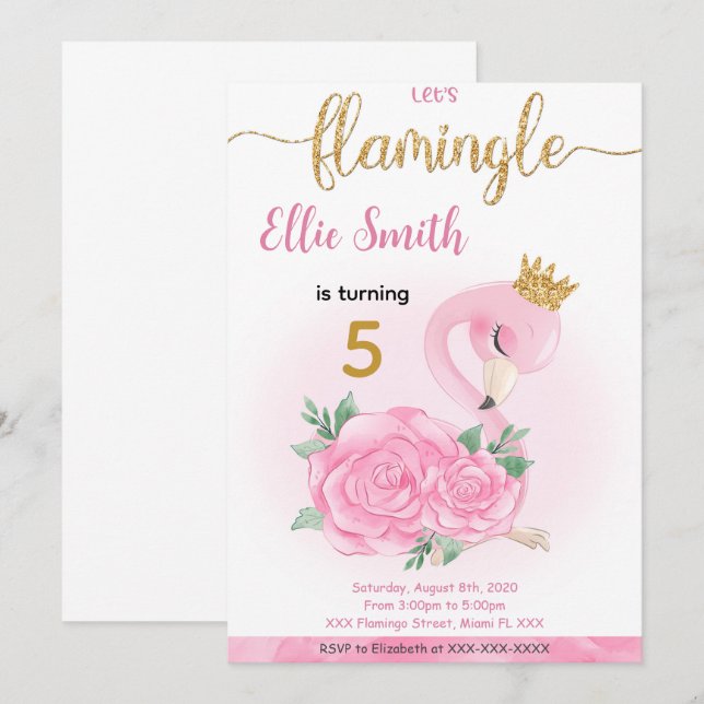 Convite de aniversário Flamingo (Frente/Verso)