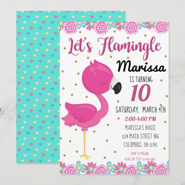 Convite de Aniversário Flamingo, Flamingle (Frente/Verso)
